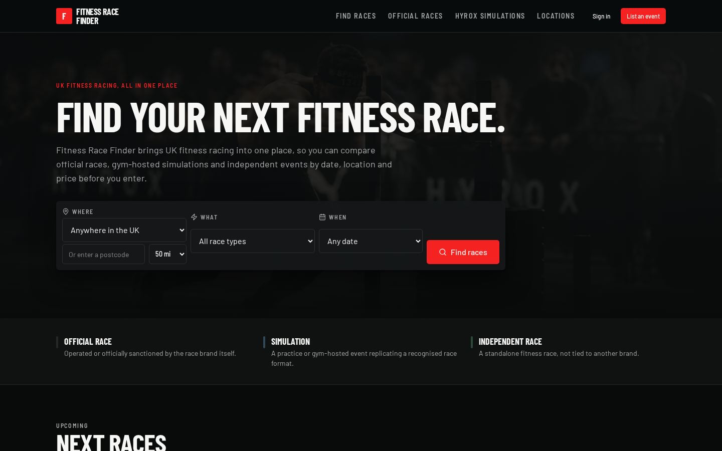 Fitness Race Finder website on desktop