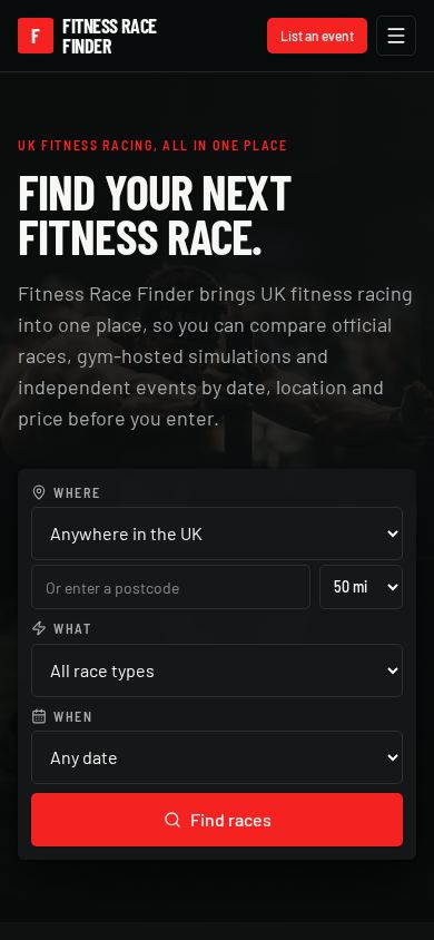 Fitness Race Finder website on mobile